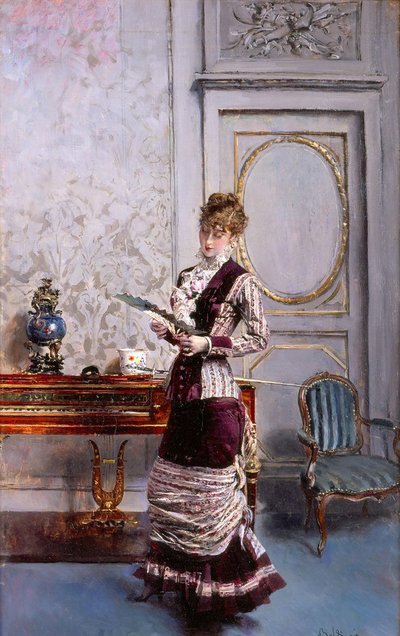 Dame bewondert een waaier door Giovanni Boldini